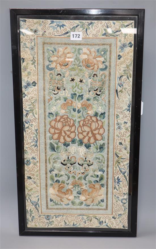 Two Chinese embroidered sleeves, framed